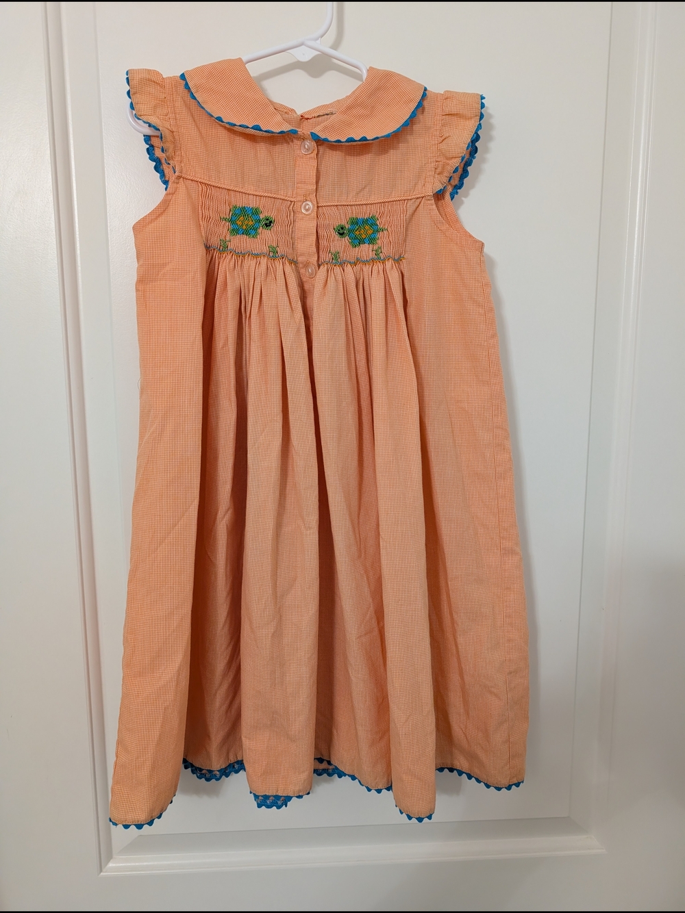 Girls Orange And Blue Smocked Dress With Turtle Detail Summer Vacation